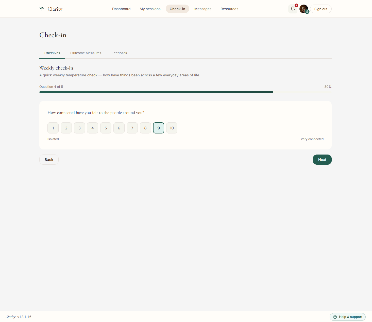 Clarity weekly wellbeing check-in question